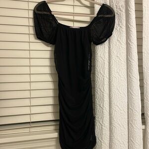 Mini black dress mesh and rouching on side